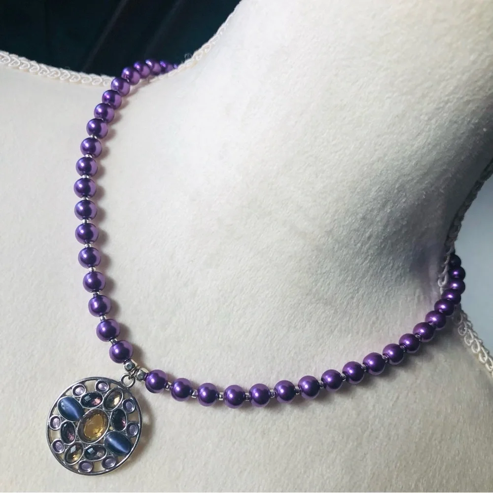 Handcrafted repurpose multi tone stone pendant Czech glass Pearl necklace